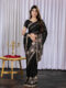 Black Chinon Saree with Golden Floral Embroidery and Striped Detailing