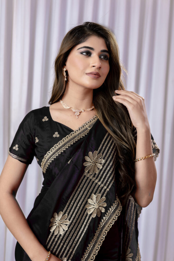 Black Chinon Saree with Golden Floral Embroidery and Striped Detailing - Image 2