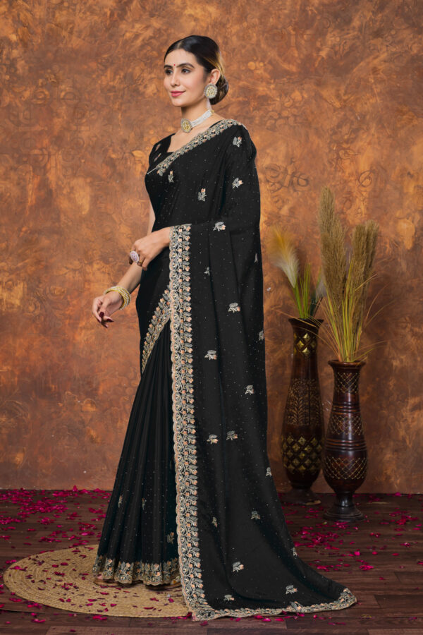 Classic Black Chinon Embroidered with Swarovski Designer Border Party Wear Saree - Image 3