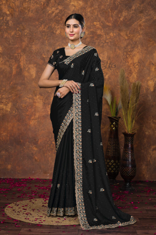Classic Black Chinon Embroidered with Swarovski Designer Border Party Wear Saree