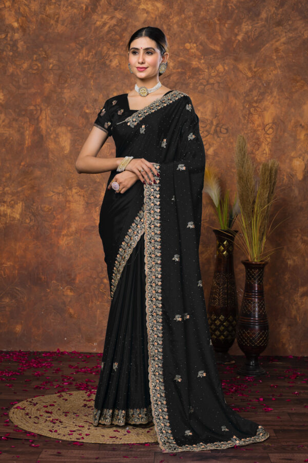 Classic Black Chinon Embroidered with Swarovski Designer Border Party Wear Saree