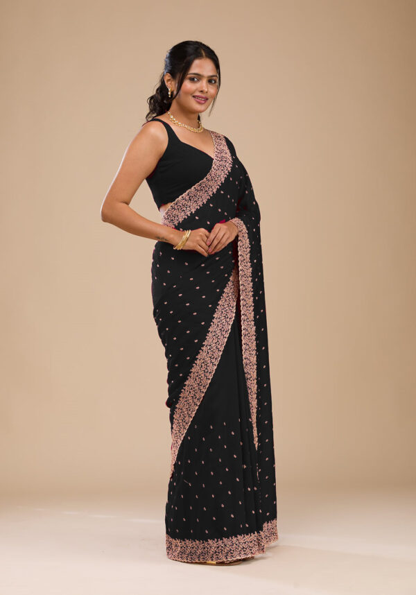 Graceful Black Chinon Saree with Rose Gold Zari Embroidery – Elegant Party & Festive Wear - Image 5