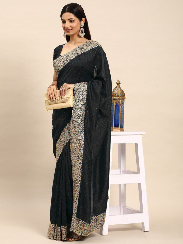 Black Chinon Party Wear Saree with Heavy Embroidery & Swarovski Stone Work - Image 2