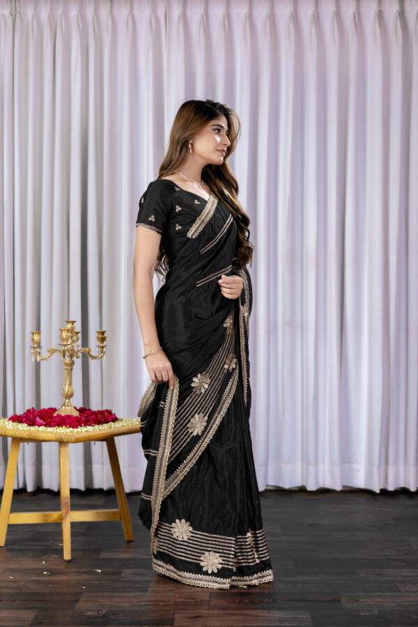 Black Chinon Saree with Golden Floral Embroidery and Striped Detailing - Image 5