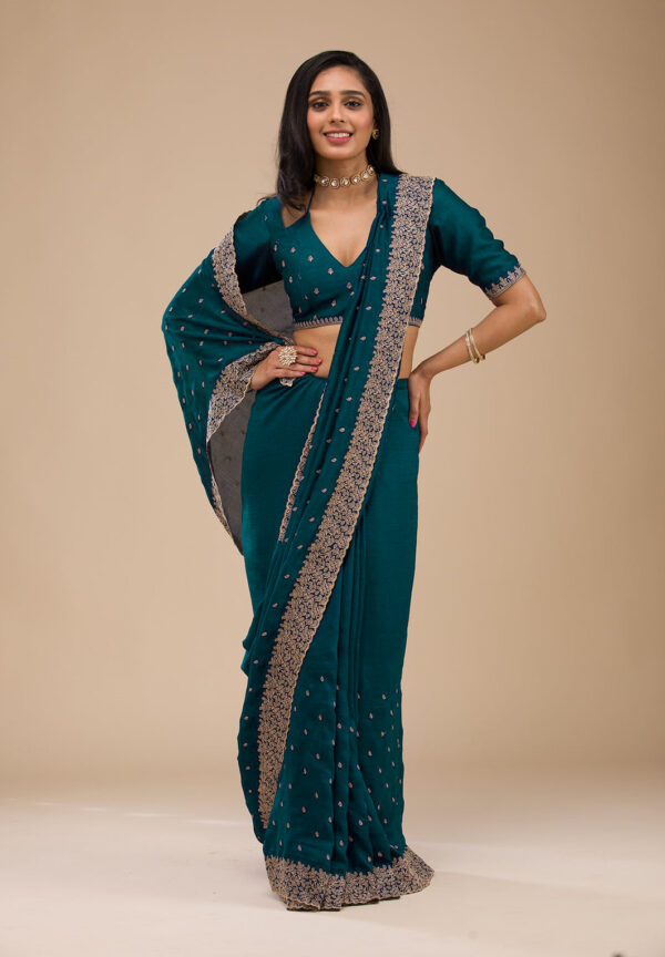 Teal Green Chinon Saree with Rose Gold Zari Embroidery – Elegant Party & Festive Wear - Image 6