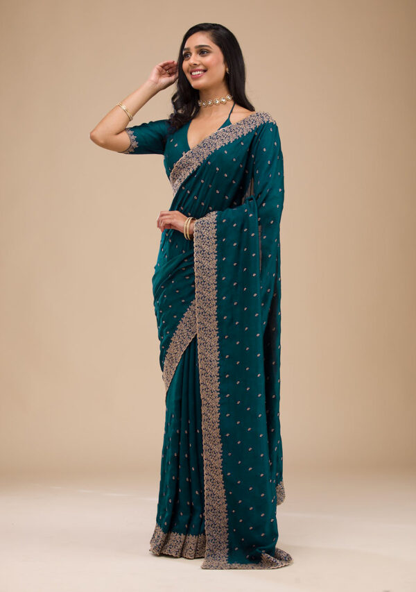 Teal Green Chinon Saree with Rose Gold Zari Embroidery – Elegant Party & Festive Wear - Image 5
