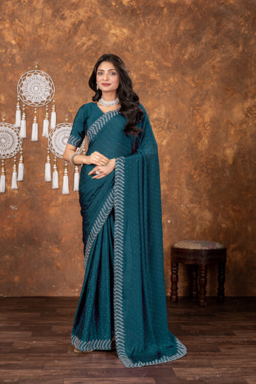 Teal Chinon Saree with All‑Over Swarovski Crystal Detailing