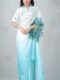 Elegant White-Aqua Satin Crepe Saree with Digital Peacock Feather Print – Modern Casual & Festive Look