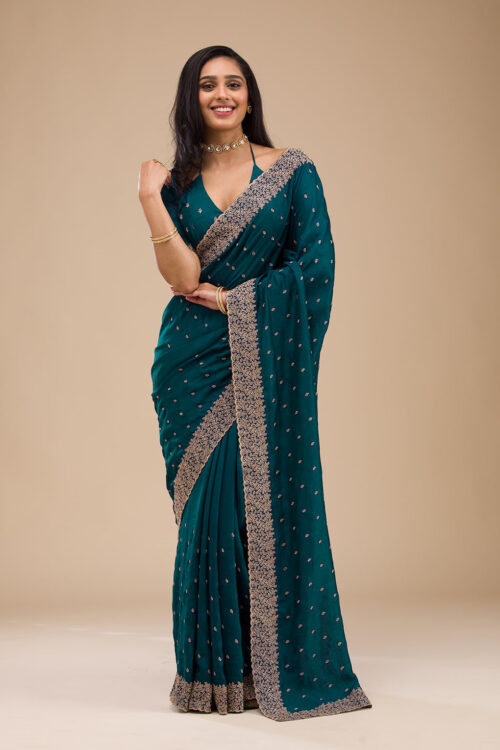 Teal Green Chinon Saree with Rose Gold Zari Embroidery – Elegant Party & Festive Wear