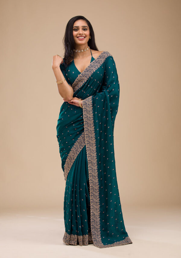 Teal Green Chinon Saree with Rose Gold Zari Embroidery – Elegant Party & Festive Wear