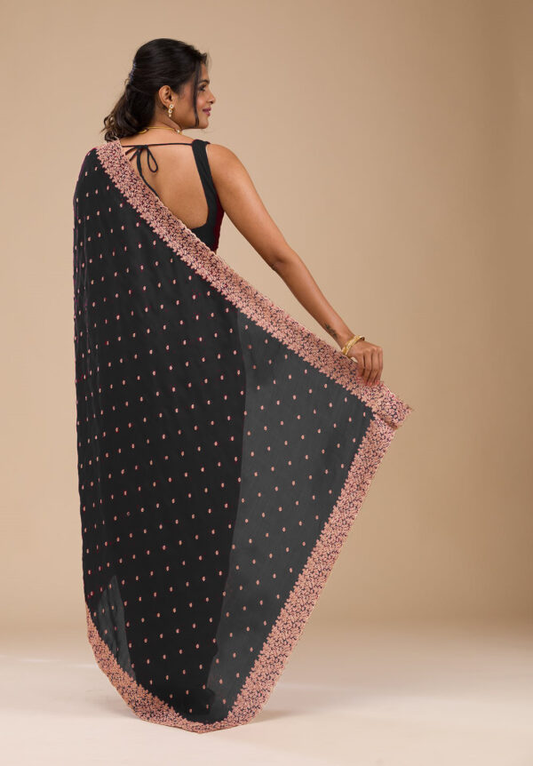 Graceful Black Chinon Saree with Rose Gold Zari Embroidery – Elegant Party & Festive Wear - Image 3