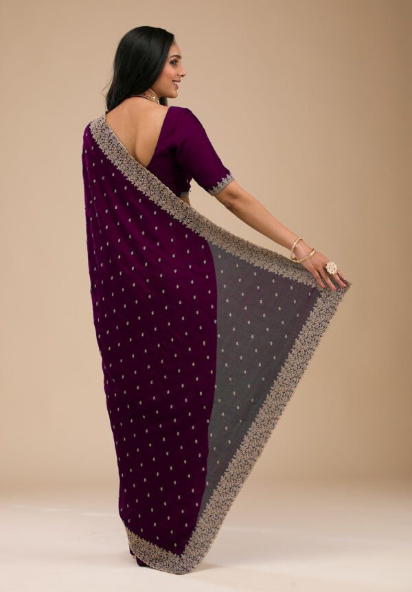 Wine Chinon Saree with Rose Gold Zari Embroidery – Elegant Party & Festive Wear - Image 3