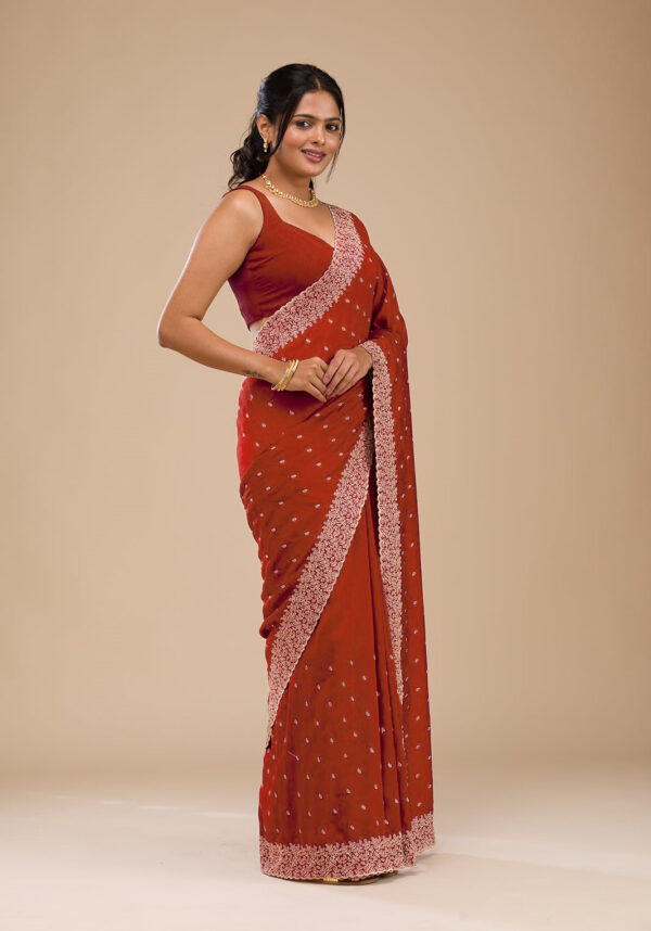 Red Chinon Saree with Rose Gold Zari Embroidery – Elegant Party & Festive Wear - Image 3
