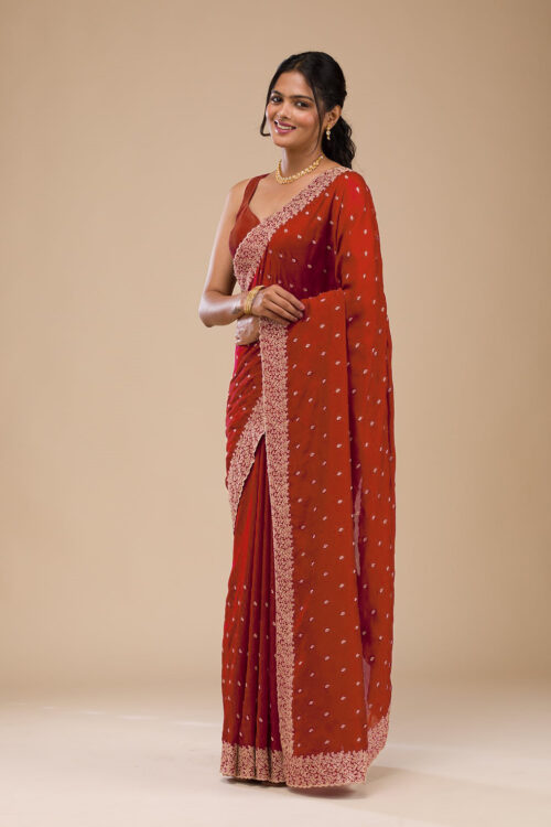 Red Chinon Saree with Rose Gold Zari Embroidery – Elegant Party & Festive Wear