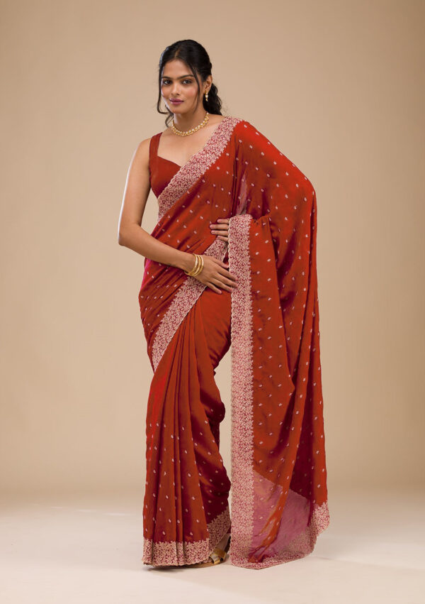 Red Chinon Saree with Rose Gold Zari Embroidery – Elegant Party & Festive Wear - Image 4