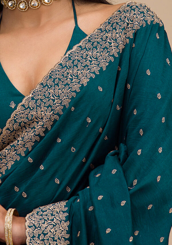 Teal Green Chinon Saree with Rose Gold Zari Embroidery – Elegant Party & Festive Wear - Image 8