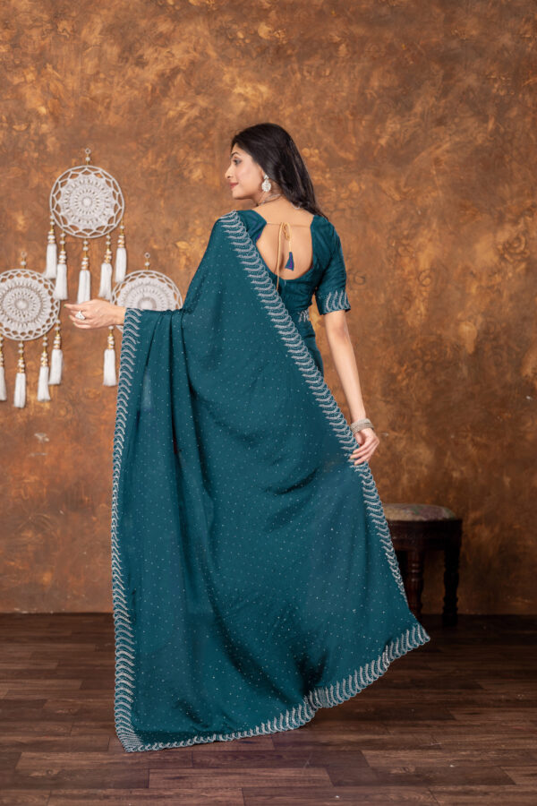 Teal Chinon Saree with All‑Over Swarovski Crystal Detailing - Image 2