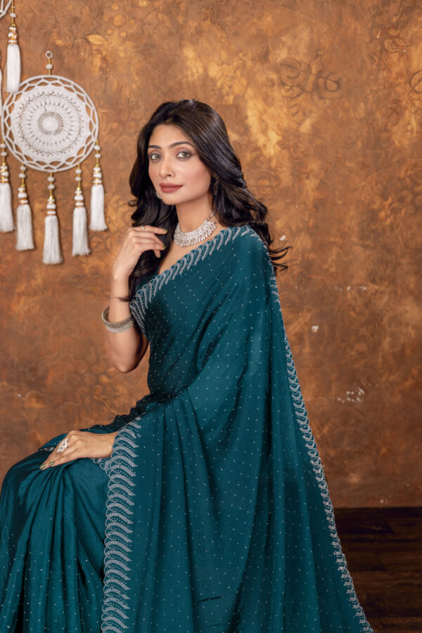 Teal Chinon Saree with All‑Over Swarovski Crystal Detailing - Image 5