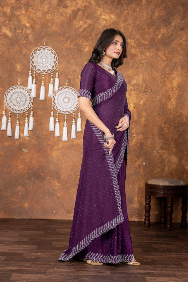 Wine Chinon Saree with All‑Over Swarovski Crystal Detailing - Image 4