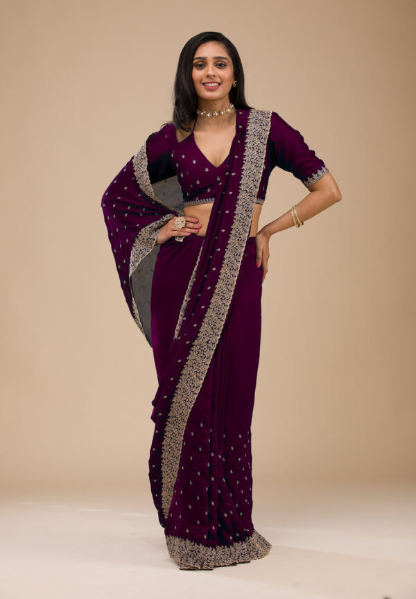 Wine Chinon Saree with Rose Gold Zari Embroidery – Elegant Party & Festive Wear - Image 5