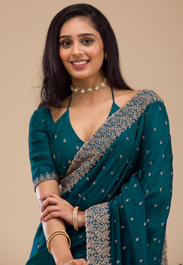 Teal Green Chinon Saree with Rose Gold Zari Embroidery – Elegant Party & Festive Wear - Image 7