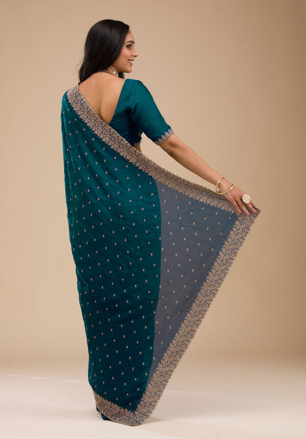 Teal Green Chinon Saree with Rose Gold Zari Embroidery – Elegant Party & Festive Wear - Image 3