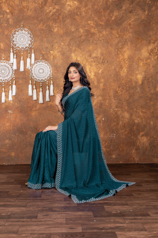 Teal Chinon Saree with All‑Over Swarovski Crystal Detailing - Image 3