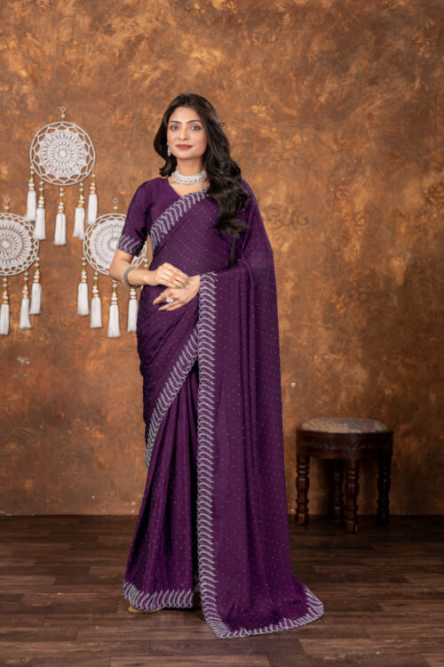 Wine Chinon Saree with All‑Over Swarovski Crystal Detailing