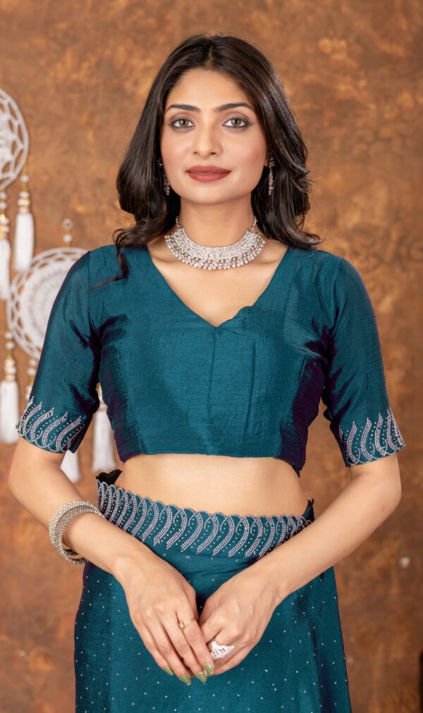 Teal Chinon Saree with All‑Over Swarovski Crystal Detailing - Image 6