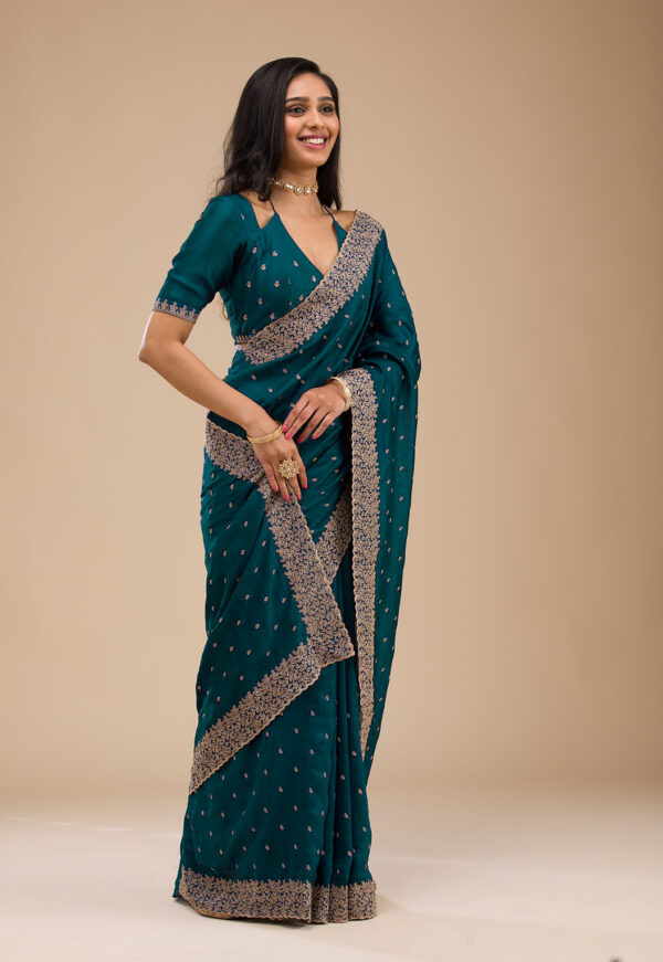 Teal Green Chinon Saree with Rose Gold Zari Embroidery – Elegant Party & Festive Wear - Image 4