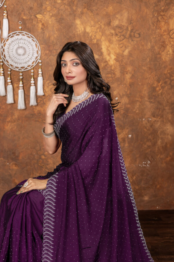Wine Chinon Saree with All‑Over Swarovski Crystal Detailing - Image 5