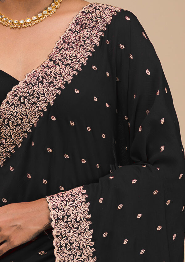 Graceful Black Chinon Saree with Rose Gold Zari Embroidery – Elegant Party & Festive Wear - Image 7