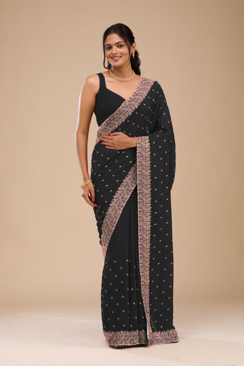 Graceful Black Chinon Saree with Rose Gold Zari Embroidery – Elegant Party & Festive Wear