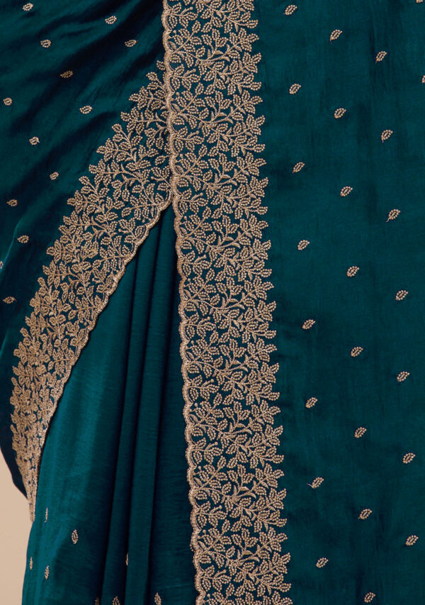 Teal Green Chinon Saree with Rose Gold Zari Embroidery – Elegant Party & Festive Wear - Image 9
