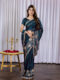 Teal Green Chinon Saree with Golden Floral Embroidery and Striped Detailing