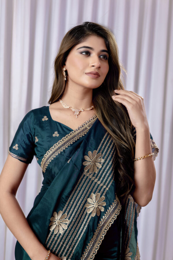 Teal Green Chinon Saree with Golden Floral Embroidery and Striped Detailing - Image 3