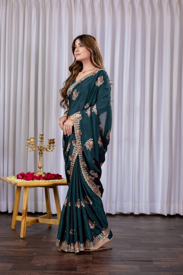 Teal Green Chinon Embroidered Party Wear Saree with Floral Border Detailing - Image 3