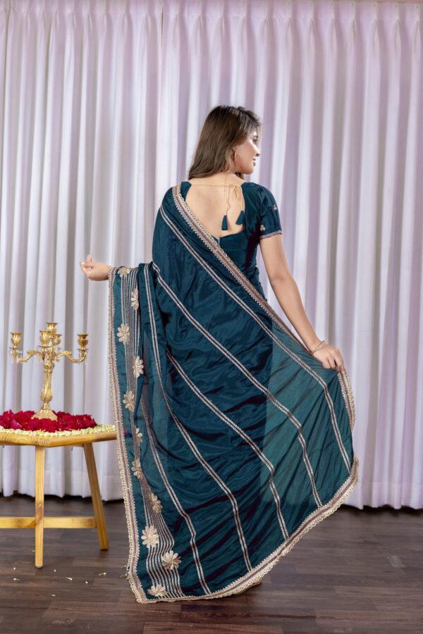 Teal Green Chinon Saree with Golden Floral Embroidery and Striped Detailing - Image 5