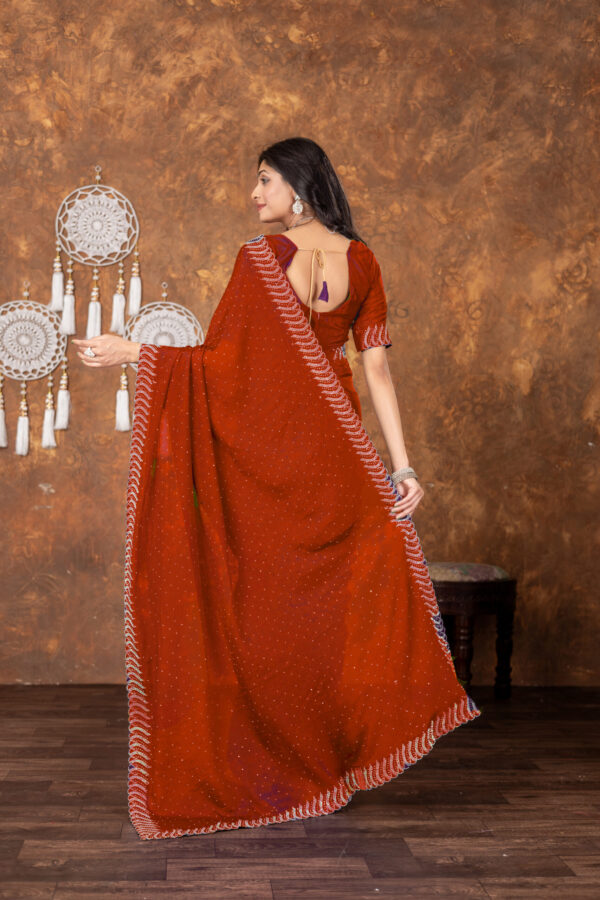 Red Chinon Saree with All‑Over Swarovski Crystal Detailing - Image 2