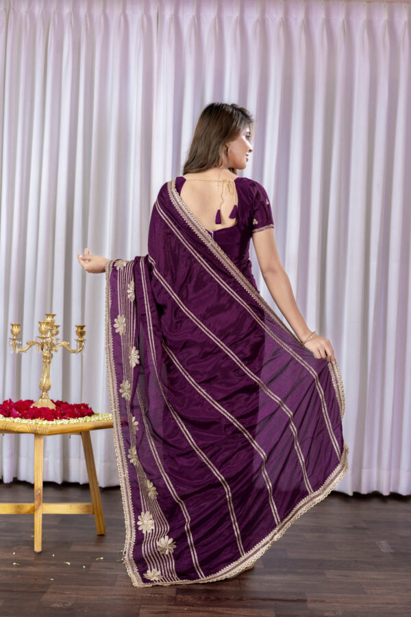Wine Chinon Saree with Golden Floral Embroidery and Striped Detailing - Image 3