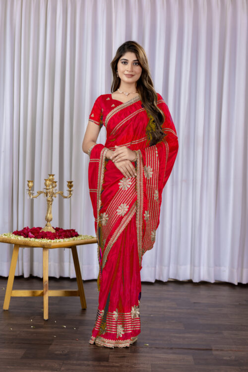 Red Green Chinon Saree with Golden Floral Embroidery and Striped Detailing