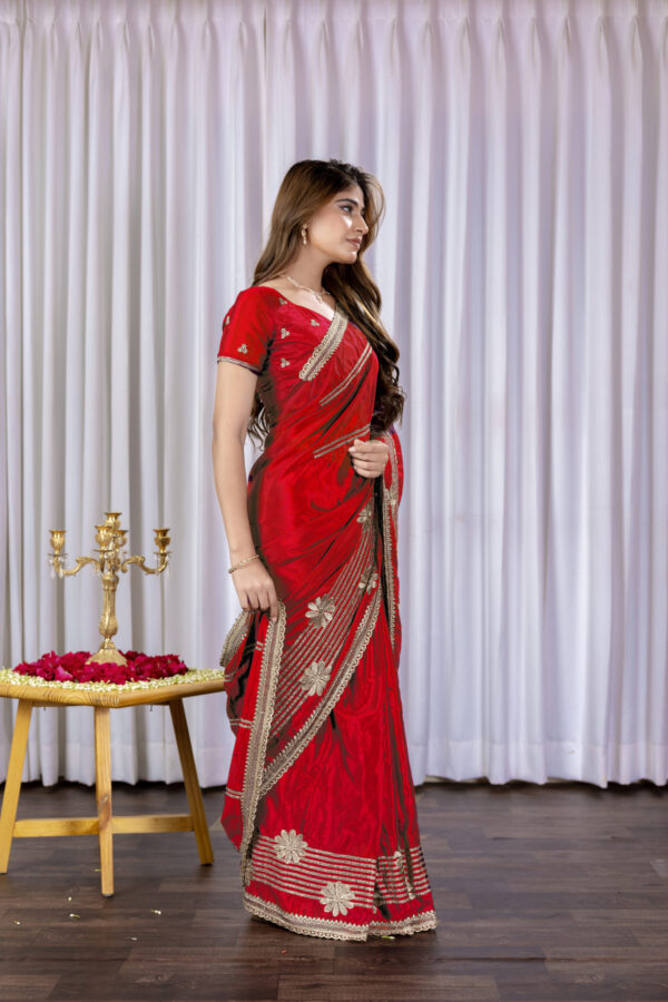 Red Green Chinon Saree with Golden Floral Embroidery and Striped Detailing - Image 5
