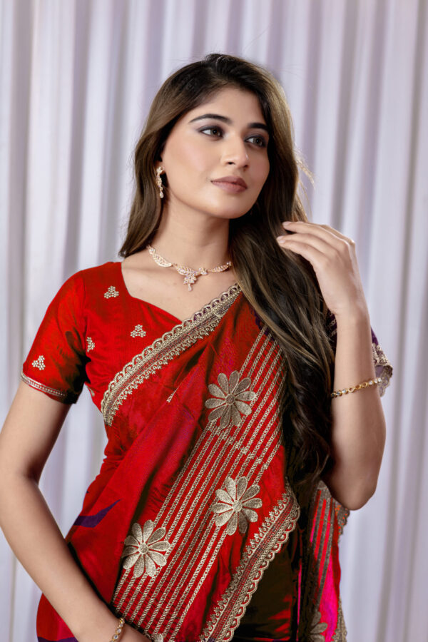 Red Green Chinon Saree with Golden Floral Embroidery and Striped Detailing - Image 2