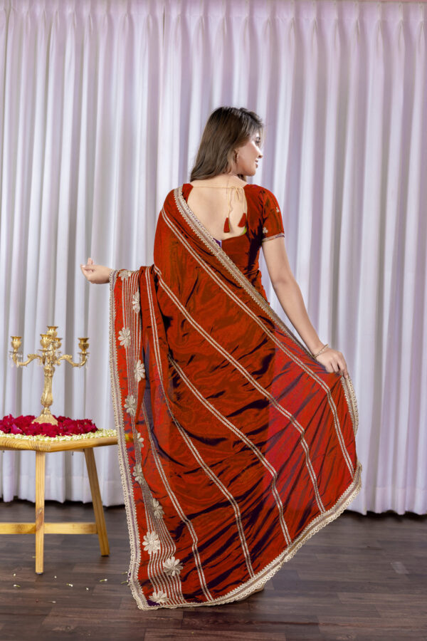 Red Green Chinon Saree with Golden Floral Embroidery and Striped Detailing - Image 3