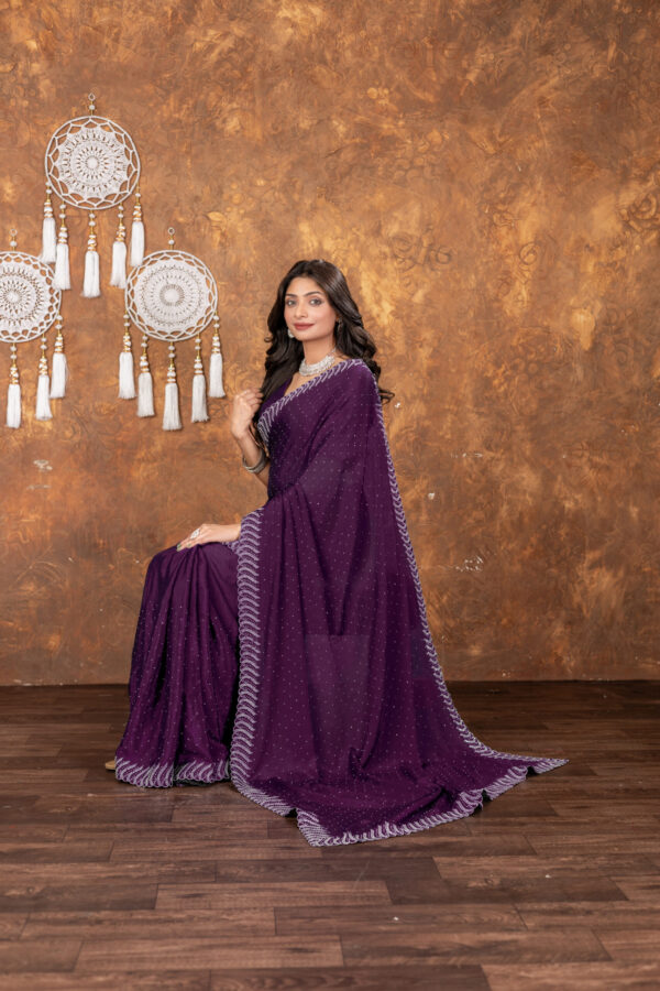 Wine Chinon Saree with All‑Over Swarovski Crystal Detailing - Image 3