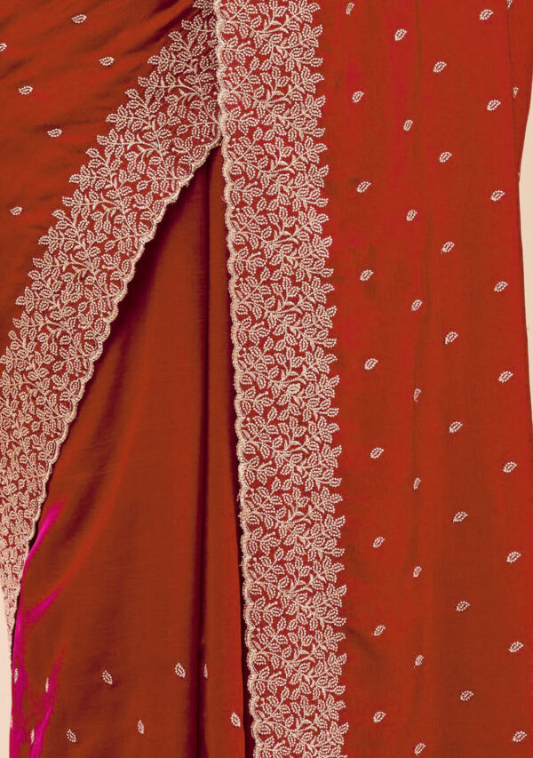 Red Chinon Saree with Rose Gold Zari Embroidery – Elegant Party & Festive Wear - Image 8