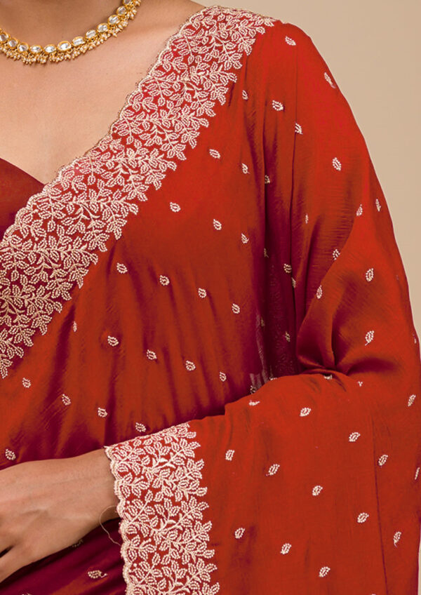 Red Chinon Saree with Rose Gold Zari Embroidery – Elegant Party & Festive Wear - Image 7