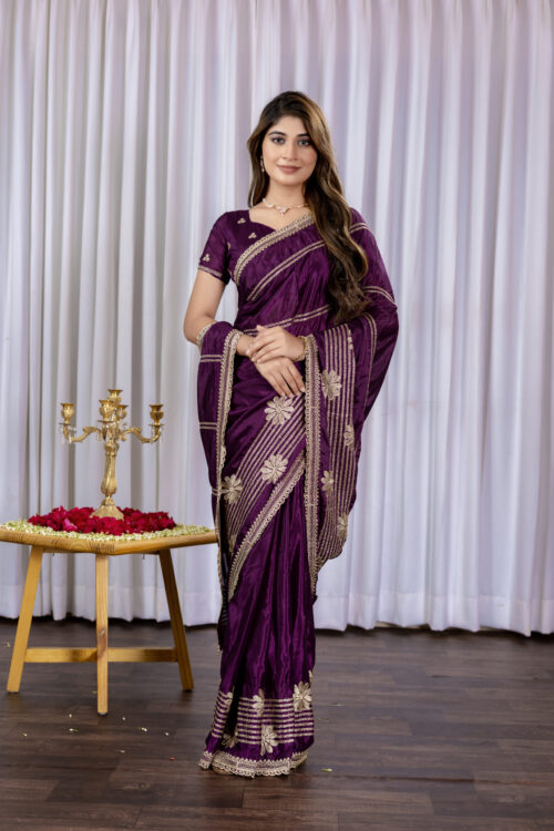 Wine Chinon Saree with Golden Floral Embroidery and Striped Detailing