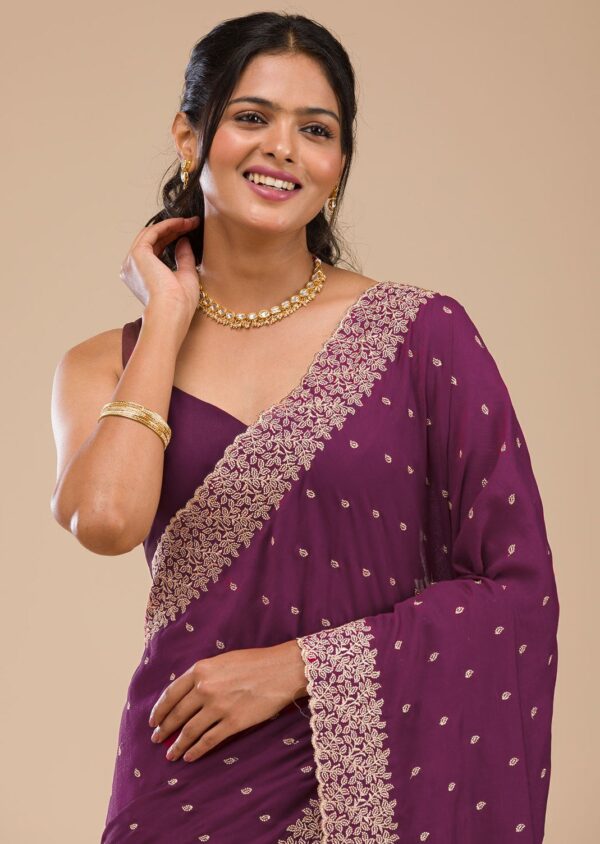 Wine Chinon Saree with Rose Gold Zari Embroidery – Elegant Party & Festive Wear - Image 8