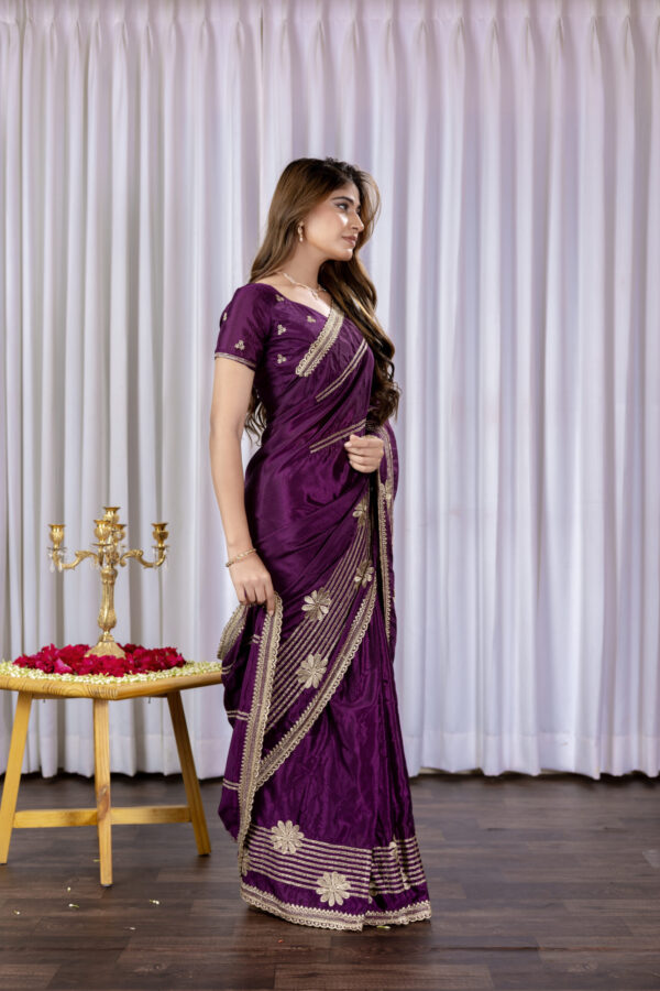 Wine Chinon Saree with Golden Floral Embroidery and Striped Detailing - Image 4